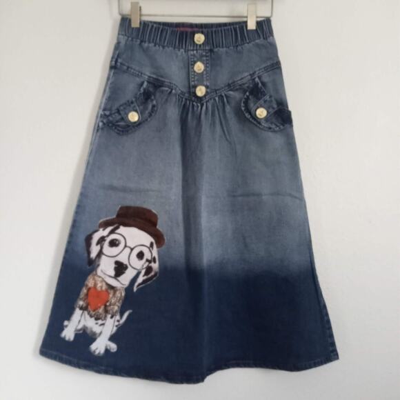 STYLE 7 Preppy Blue Denim Skirt Dog NWT Knee ALine Elastic Pockets Size 25 S XS - Picture 2 of 11